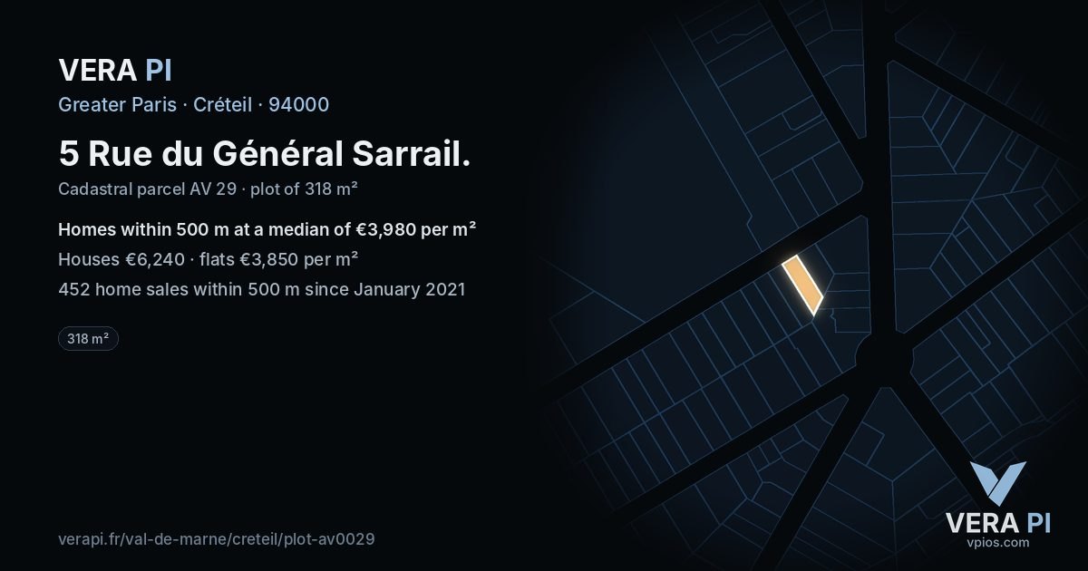 5 Rue du Général Sarrail, Créteil at night – the plot lit, the parcels around coloured by the prices near them