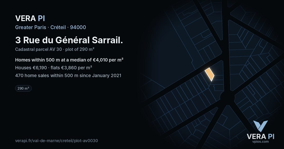 3 Rue du Général Sarrail, Créteil at night – the plot lit, the parcels around coloured by the prices near them