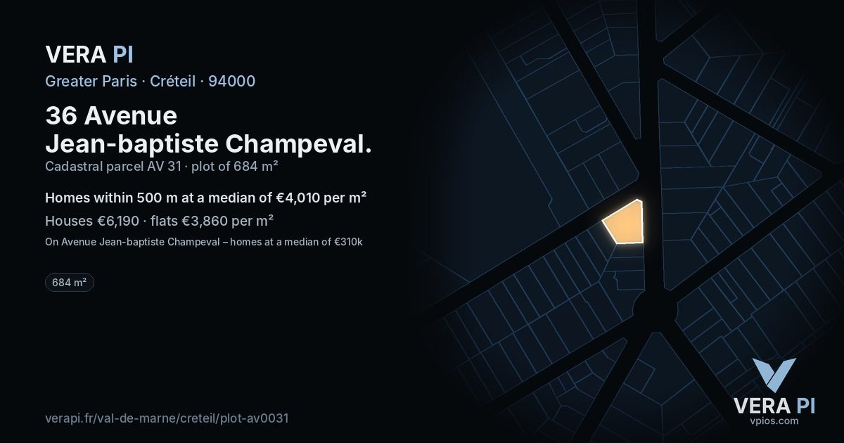 36 Avenue Jean-baptiste Champeval, Créteil at night – the plot lit, the parcels around coloured by the prices near them