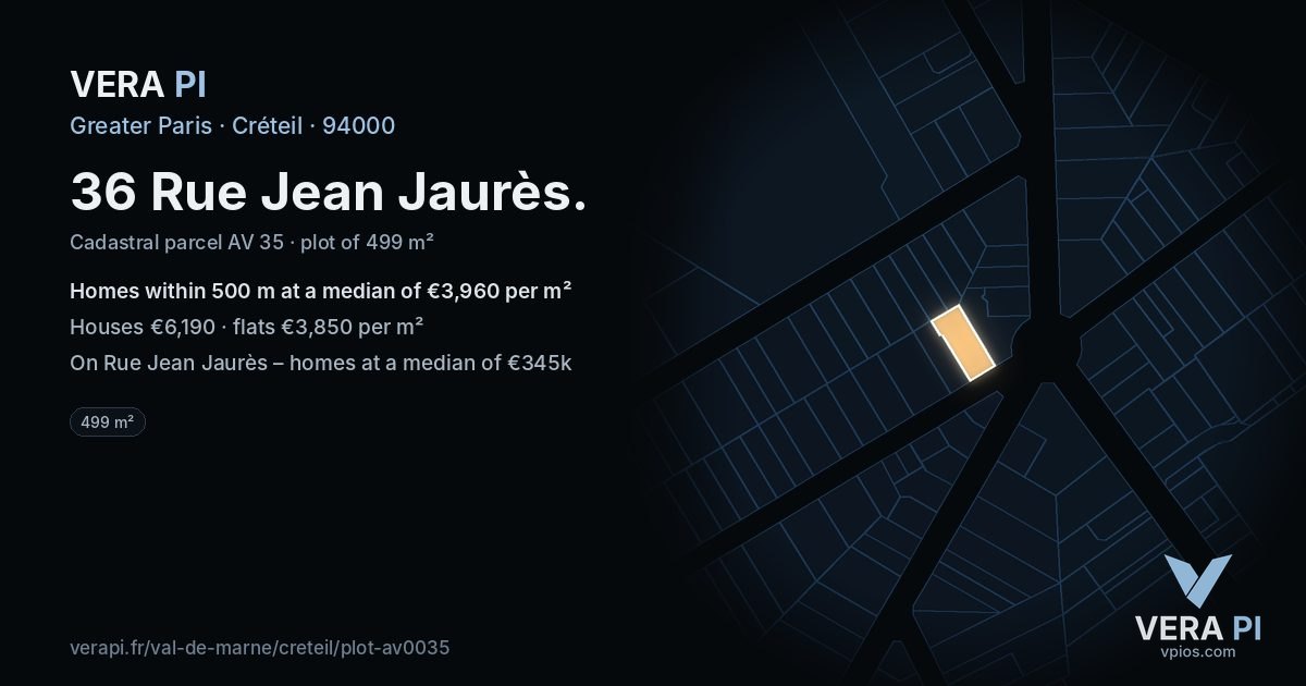 36 Rue Jean Jaurès, Créteil at night – the plot lit, the parcels around coloured by the prices near them