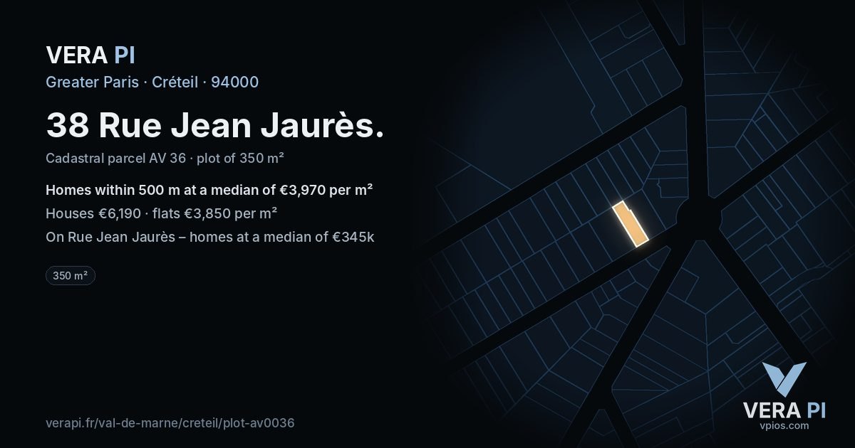 38 Rue Jean Jaurès, Créteil at night – the plot lit, the parcels around coloured by the prices near them