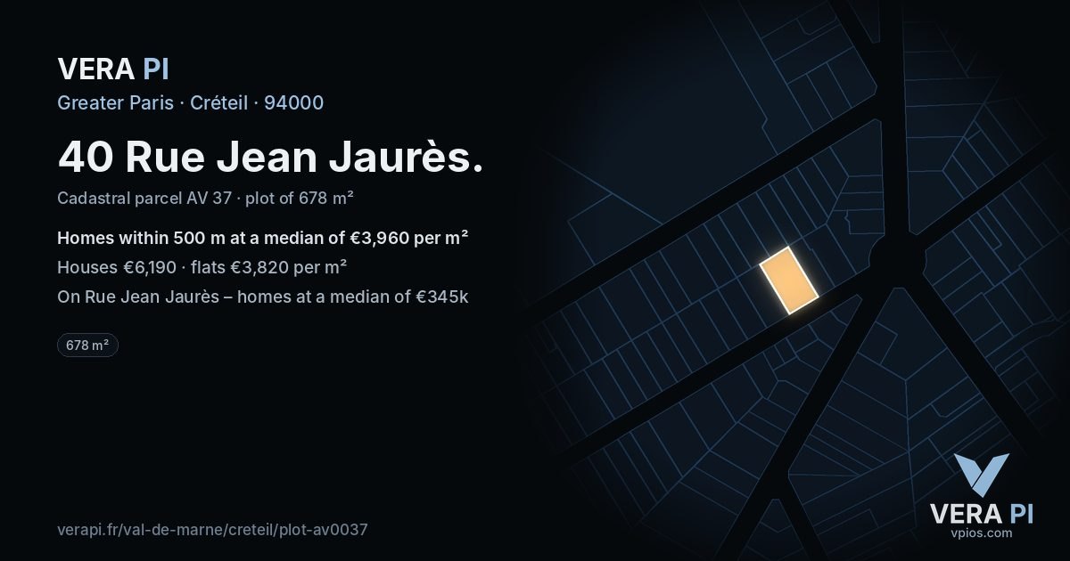 40 Rue Jean Jaurès, Créteil at night – the plot lit, the parcels around coloured by the prices near them