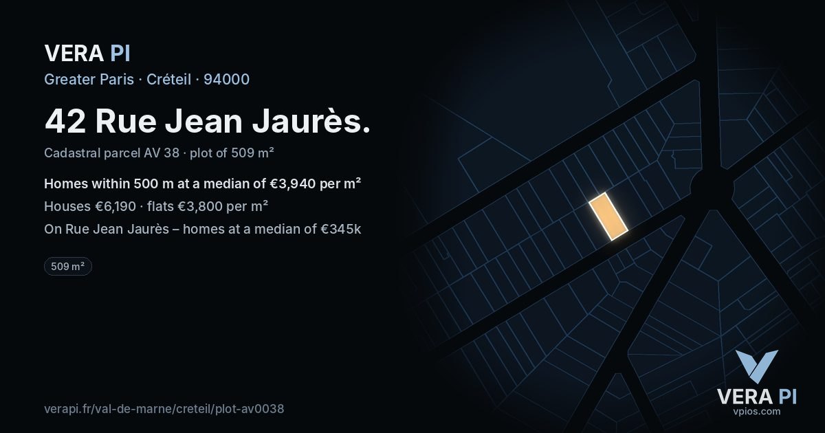 42 Rue Jean Jaurès, Créteil at night – the plot lit, the parcels around coloured by the prices near them