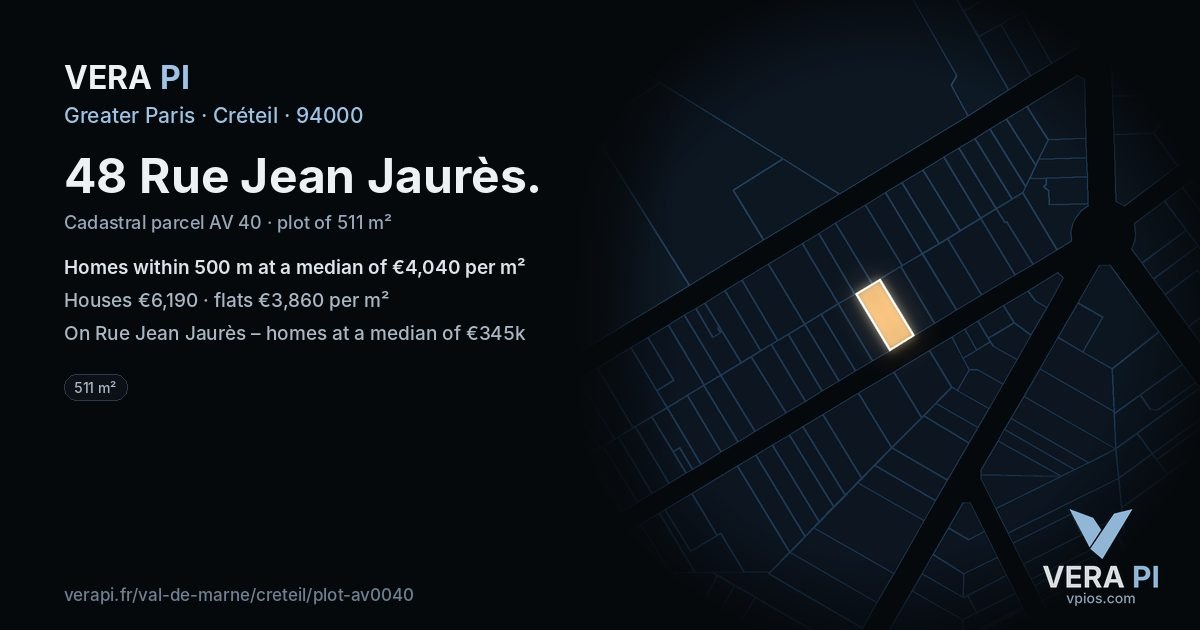 48 Rue Jean Jaurès, Créteil at night – the plot lit, the parcels around coloured by the prices near them