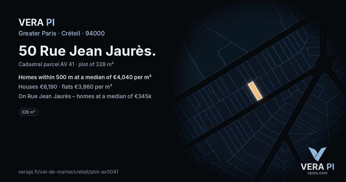 50 Rue Jean Jaurès, Créteil at night – the plot lit, the parcels around coloured by the prices near them