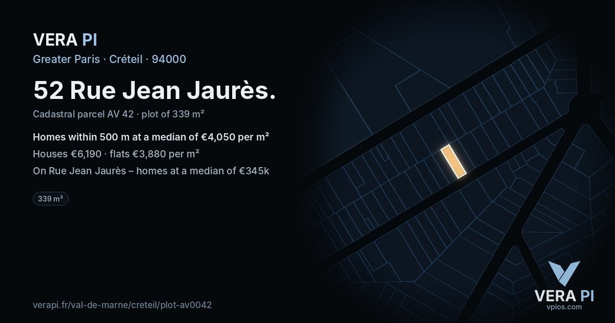 52 Rue Jean Jaurès, Créteil at night – the plot lit, the parcels around coloured by the prices near them
