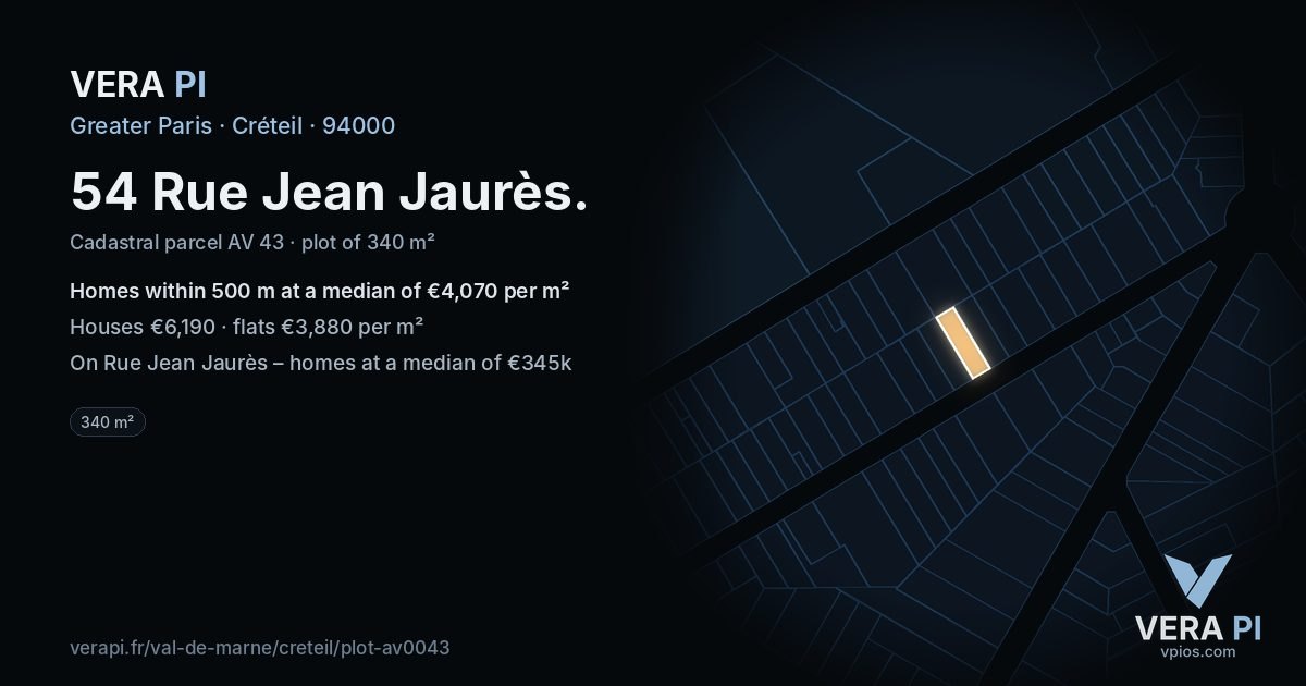 54 Rue Jean Jaurès, Créteil at night – the plot lit, the parcels around coloured by the prices near them