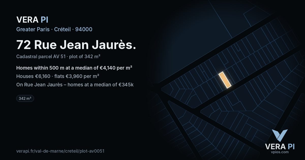 72 Rue Jean Jaurès, Créteil at night – the plot lit, the parcels around coloured by the prices near them