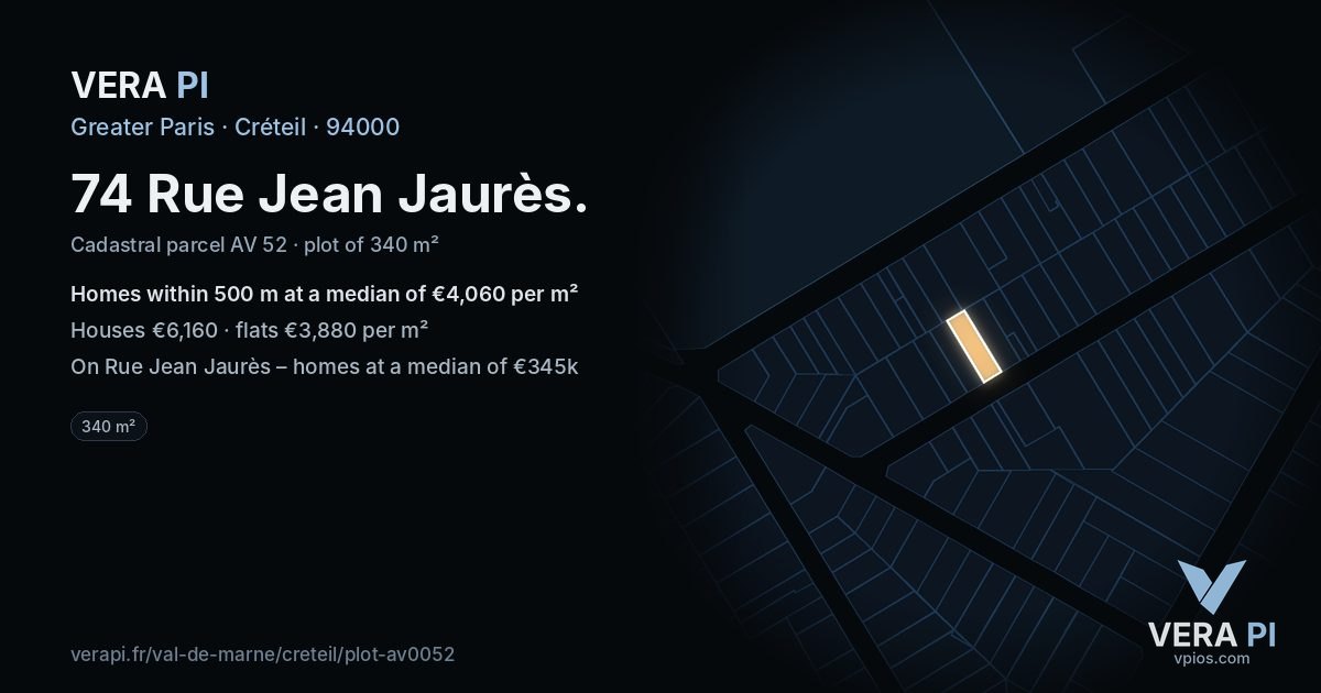 74 Rue Jean Jaurès, Créteil at night – the plot lit, the parcels around coloured by the prices near them