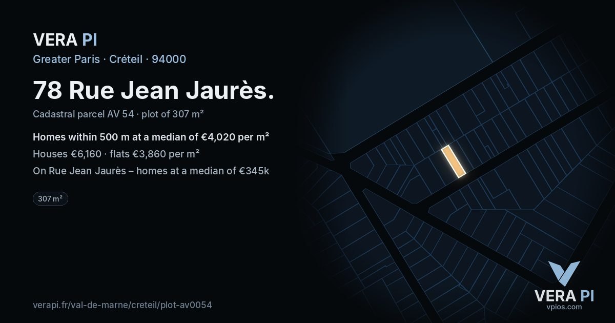 78 Rue Jean Jaurès, Créteil at night – the plot lit, the parcels around coloured by the prices near them