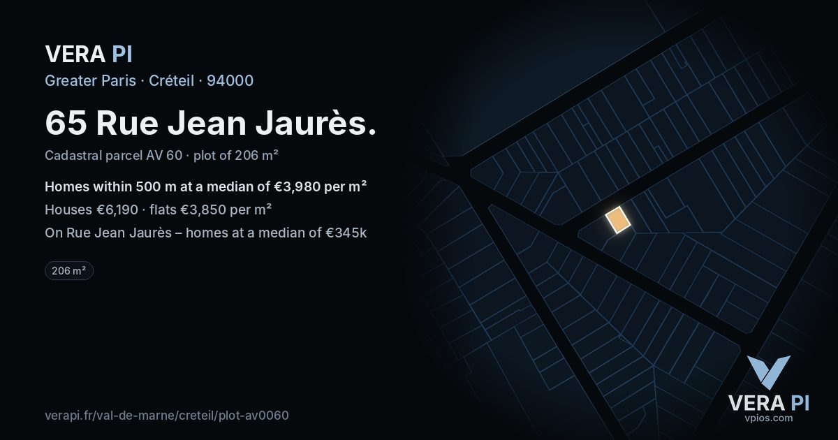65 Rue Jean Jaurès, Créteil at night – the plot lit, the parcels around coloured by the prices near them