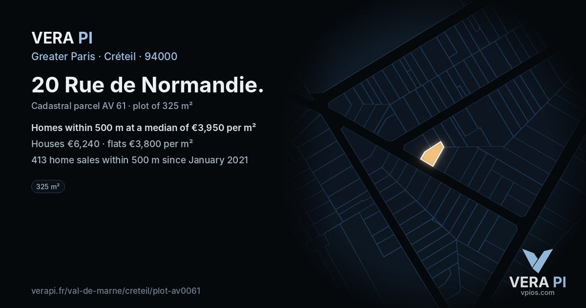 20 Rue de Normandie, Créteil at night – the plot lit, the parcels around coloured by the prices near them