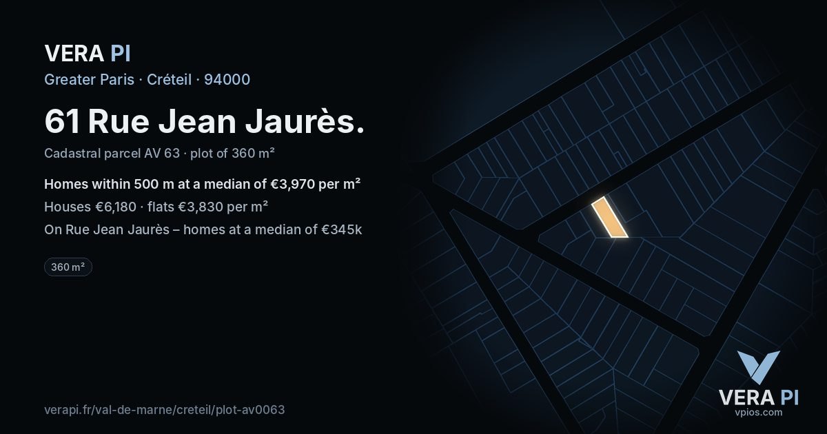 61 Rue Jean Jaurès, Créteil at night – the plot lit, the parcels around coloured by the prices near them