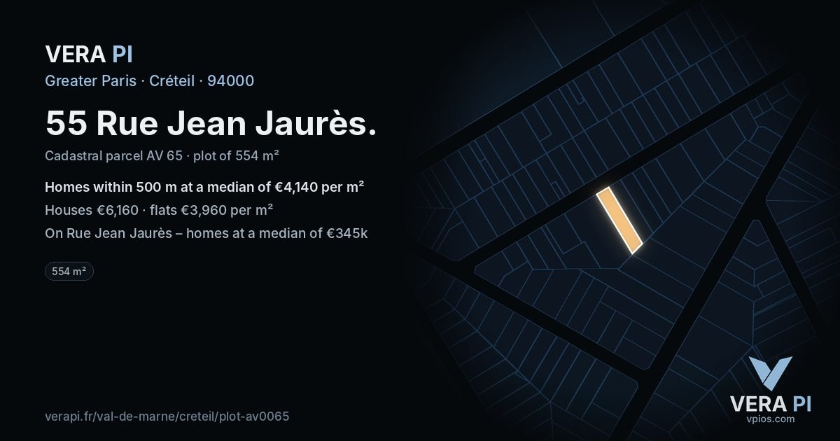 55 Rue Jean Jaurès, Créteil at night – the plot lit, the parcels around coloured by the prices near them