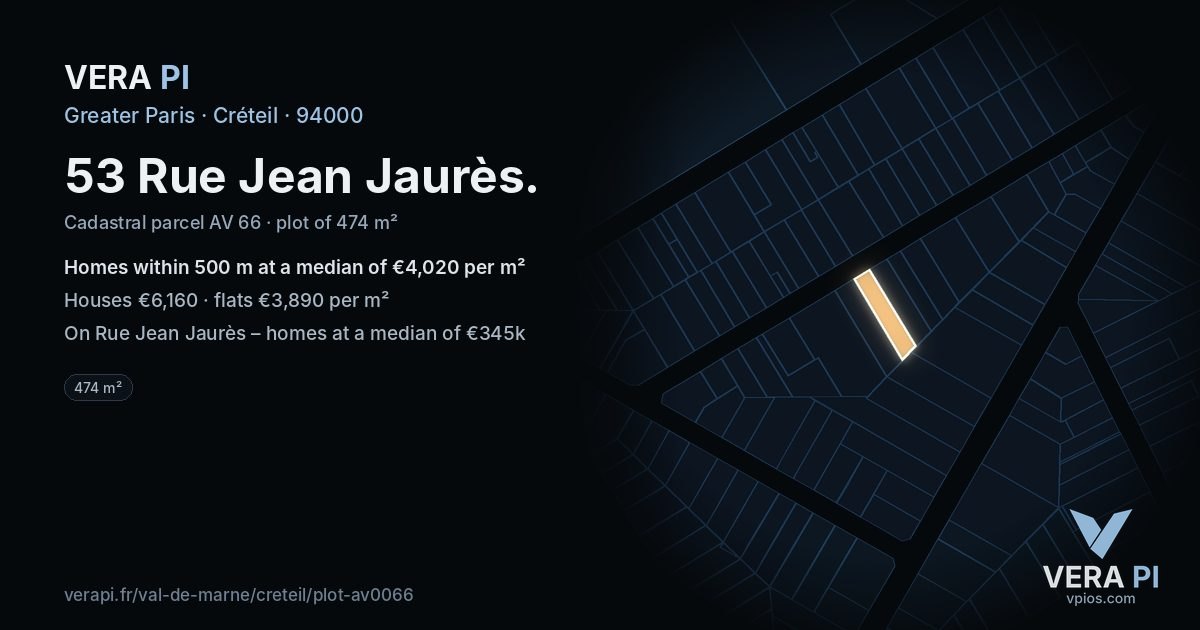 53 Rue Jean Jaurès, Créteil at night – the plot lit, the parcels around coloured by the prices near them