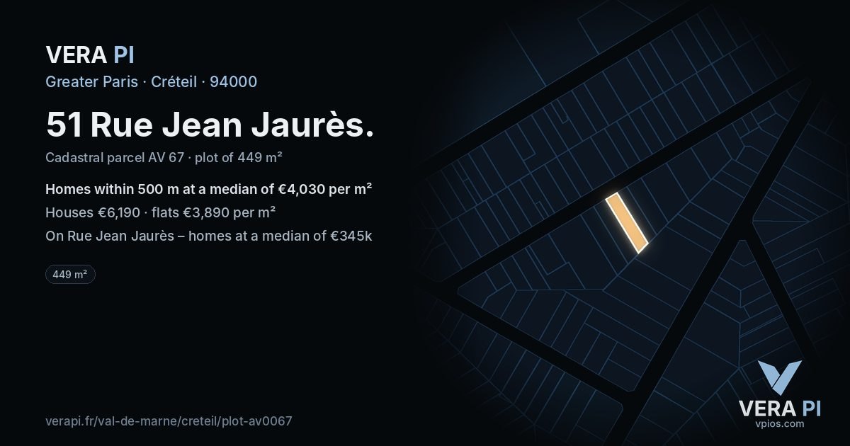 51 Rue Jean Jaurès, Créteil at night – the plot lit, the parcels around coloured by the prices near them