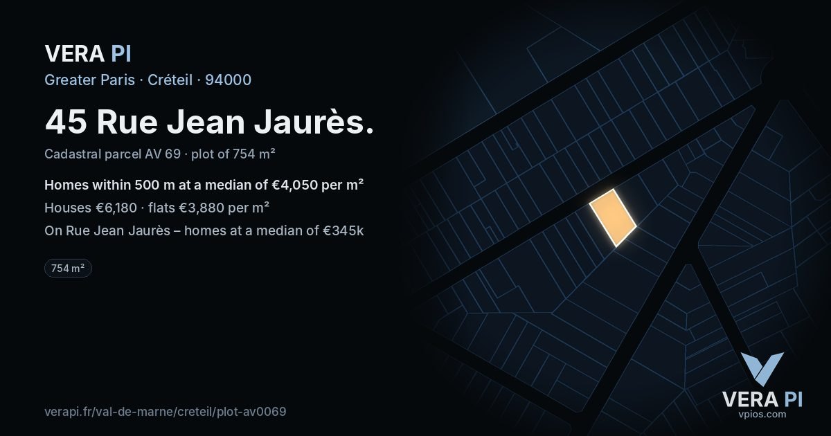 45 Rue Jean Jaurès, Créteil at night – the plot lit, the parcels around coloured by the prices near them