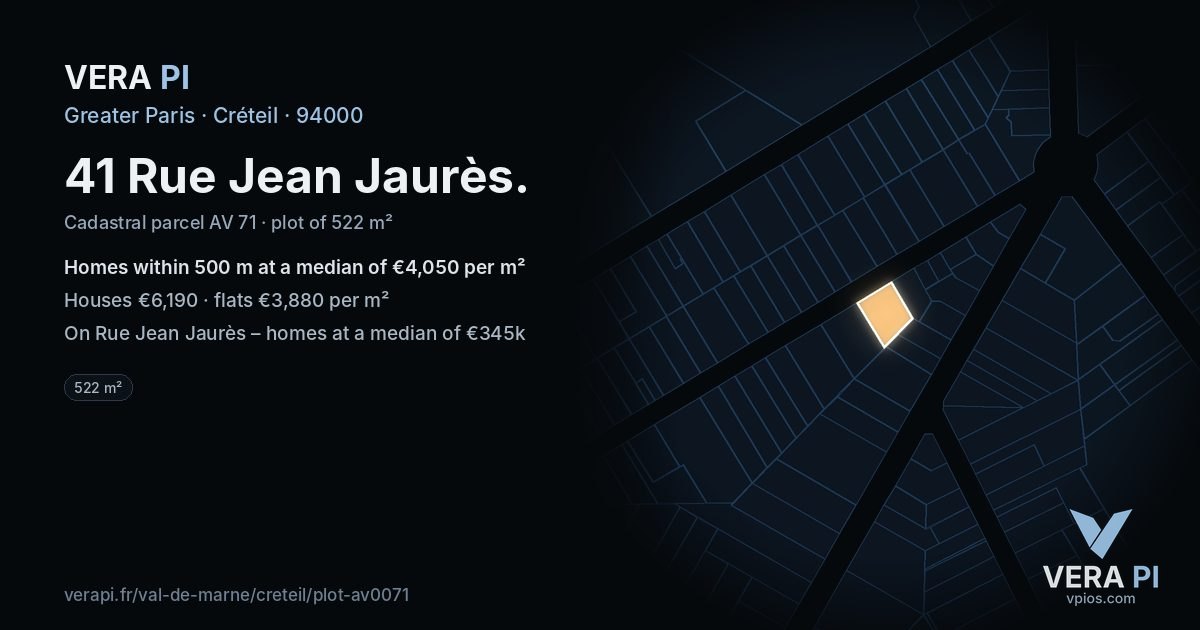 41 Rue Jean Jaurès, Créteil at night – the plot lit, the parcels around coloured by the prices near them