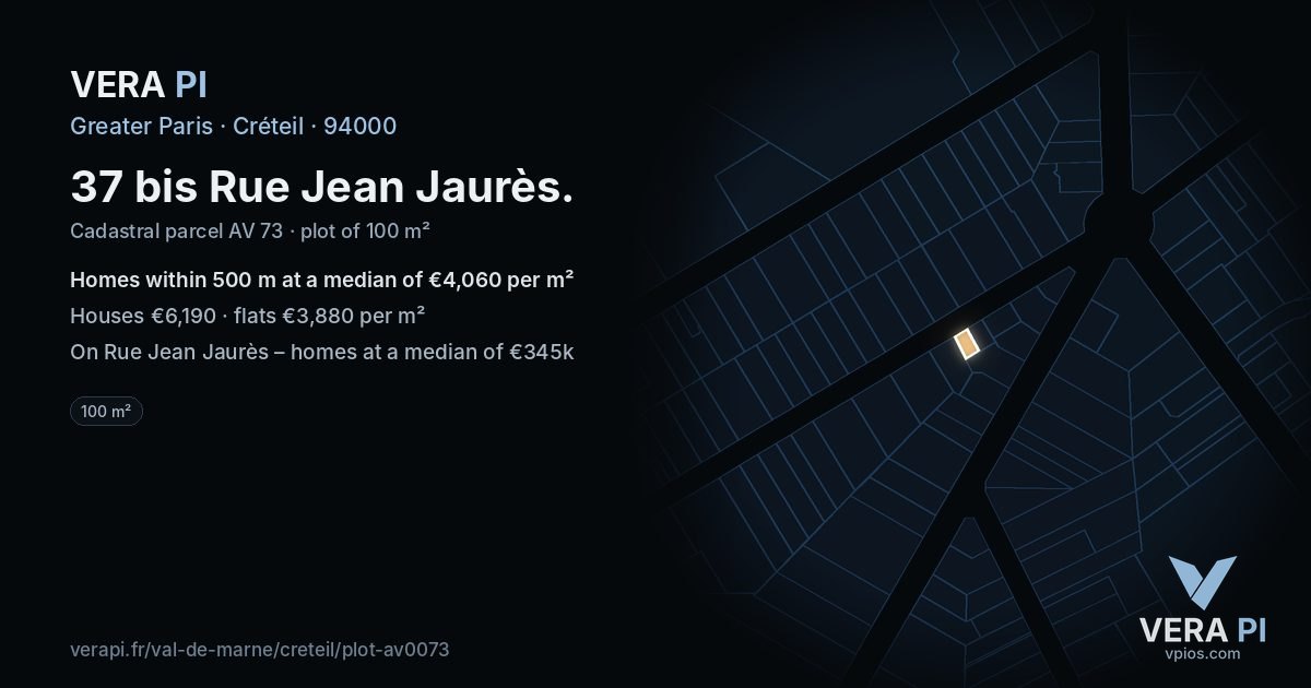 37 bis Rue Jean Jaurès, Créteil at night – the plot lit, the parcels around coloured by the prices near them