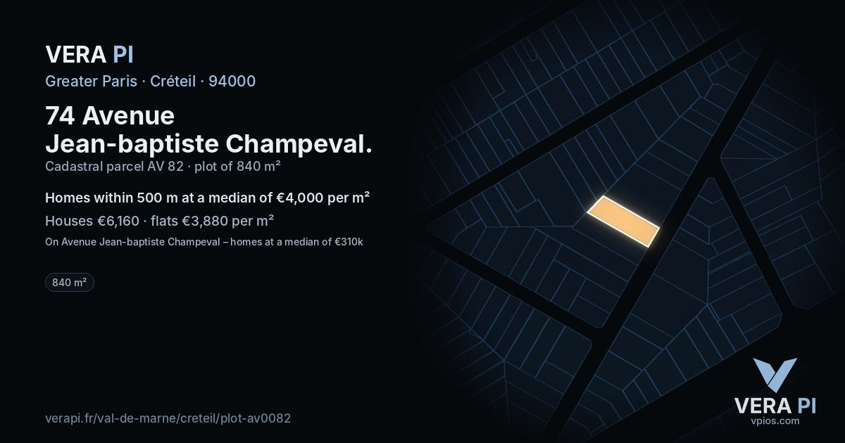 74 Avenue Jean-baptiste Champeval, Créteil at night – the plot lit, the parcels around coloured by the prices near them