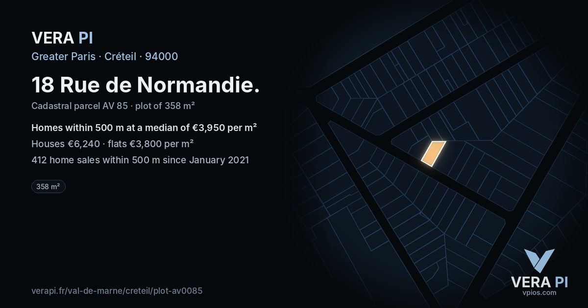 18 Rue de Normandie, Créteil at night – the plot lit, the parcels around coloured by the prices near them