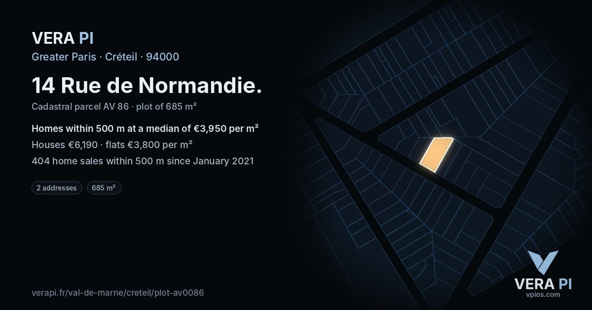 14 Rue de Normandie, Créteil at night – the plot lit, the parcels around coloured by the prices near them