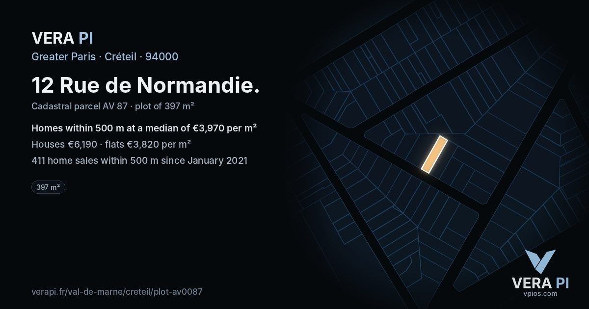 12 Rue de Normandie, Créteil at night – the plot lit, the parcels around coloured by the prices near them