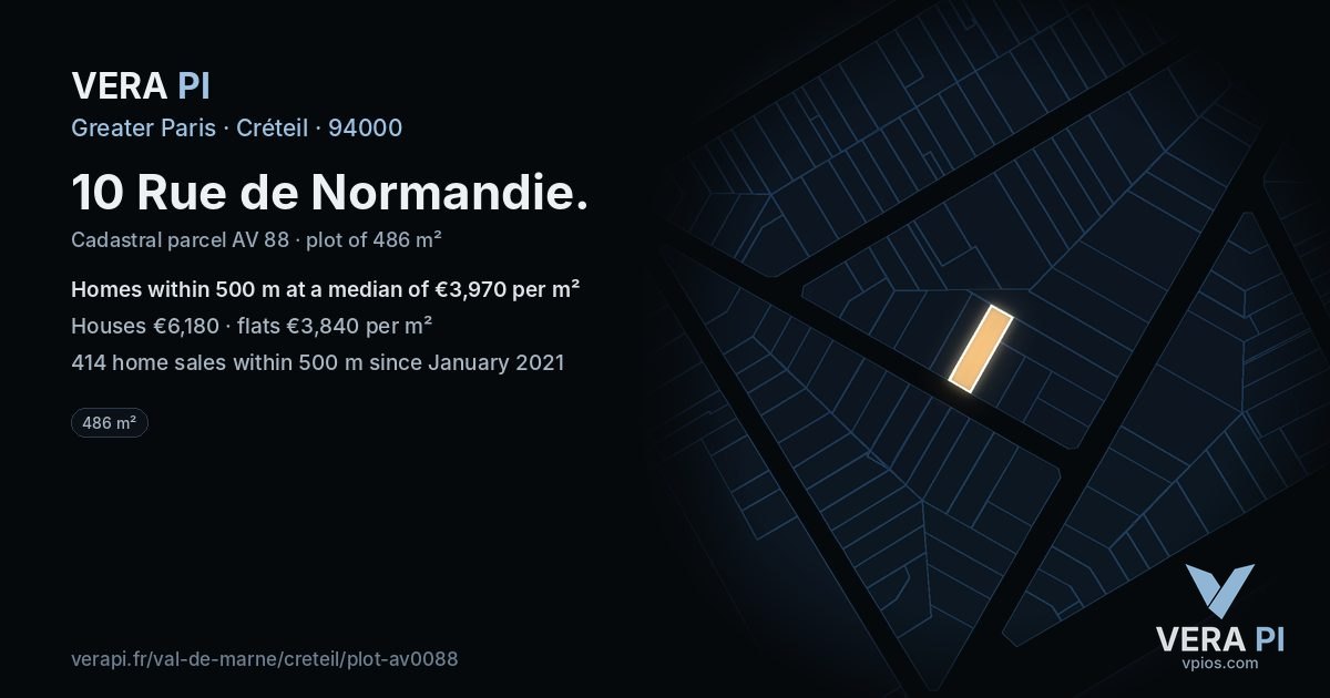 10 Rue de Normandie, Créteil at night – the plot lit, the parcels around coloured by the prices near them