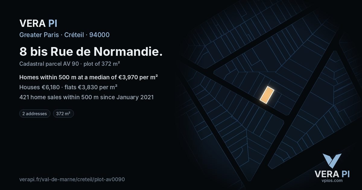 8 bis Rue de Normandie, Créteil at night – the plot lit, the parcels around coloured by the prices near them
