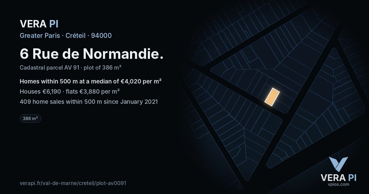 6 Rue de Normandie, Créteil at night – the plot lit, the parcels around coloured by the prices near them