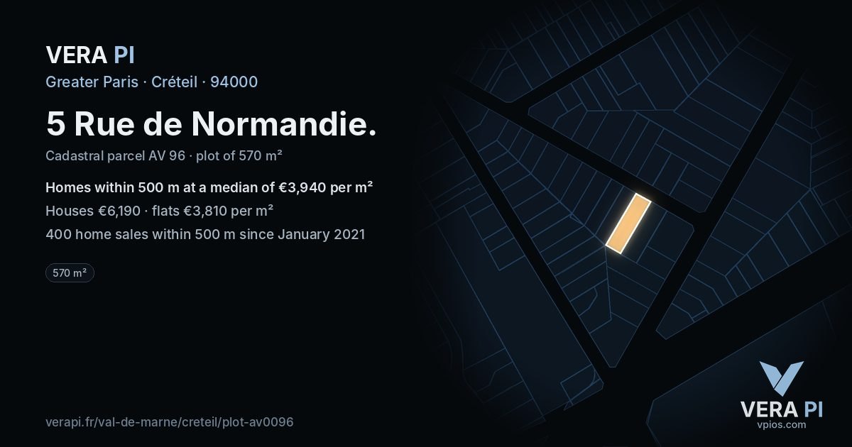 5 Rue de Normandie, Créteil at night – the plot lit, the parcels around coloured by the prices near them