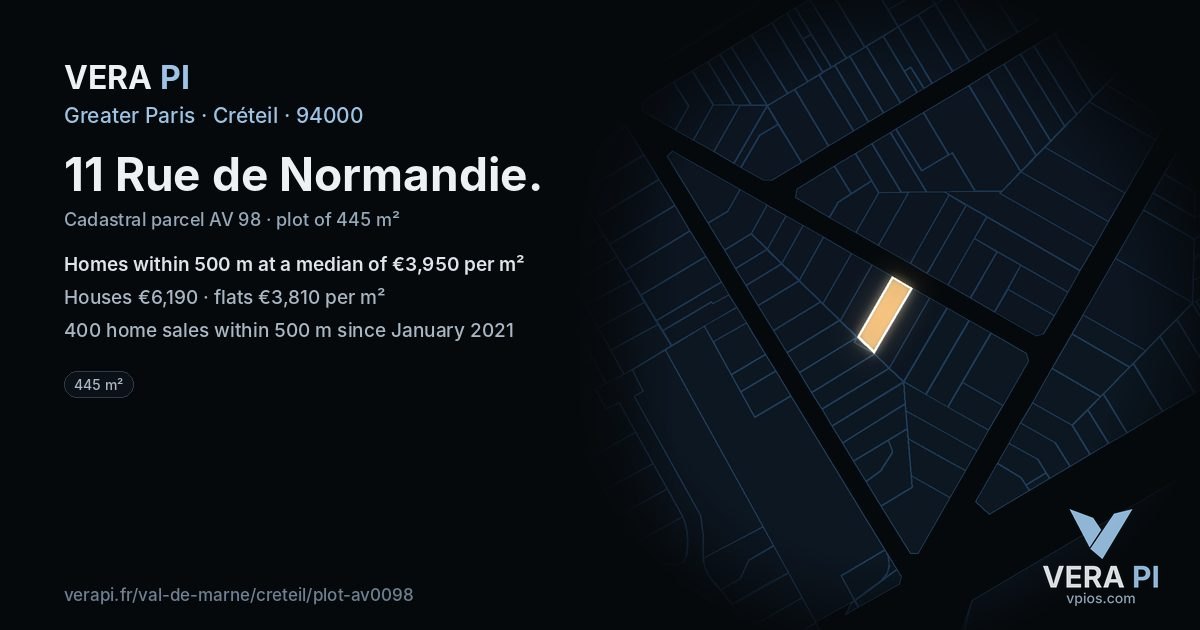 11 Rue de Normandie, Créteil at night – the plot lit, the parcels around coloured by the prices near them