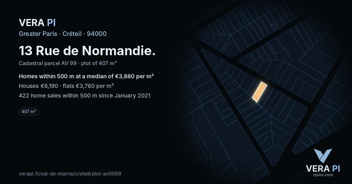 13 Rue de Normandie, Créteil at night – the plot lit, the parcels around coloured by the prices near them