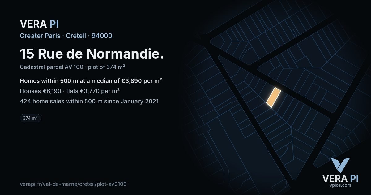 15 Rue de Normandie, Créteil at night – the plot lit, the parcels around coloured by the prices near them