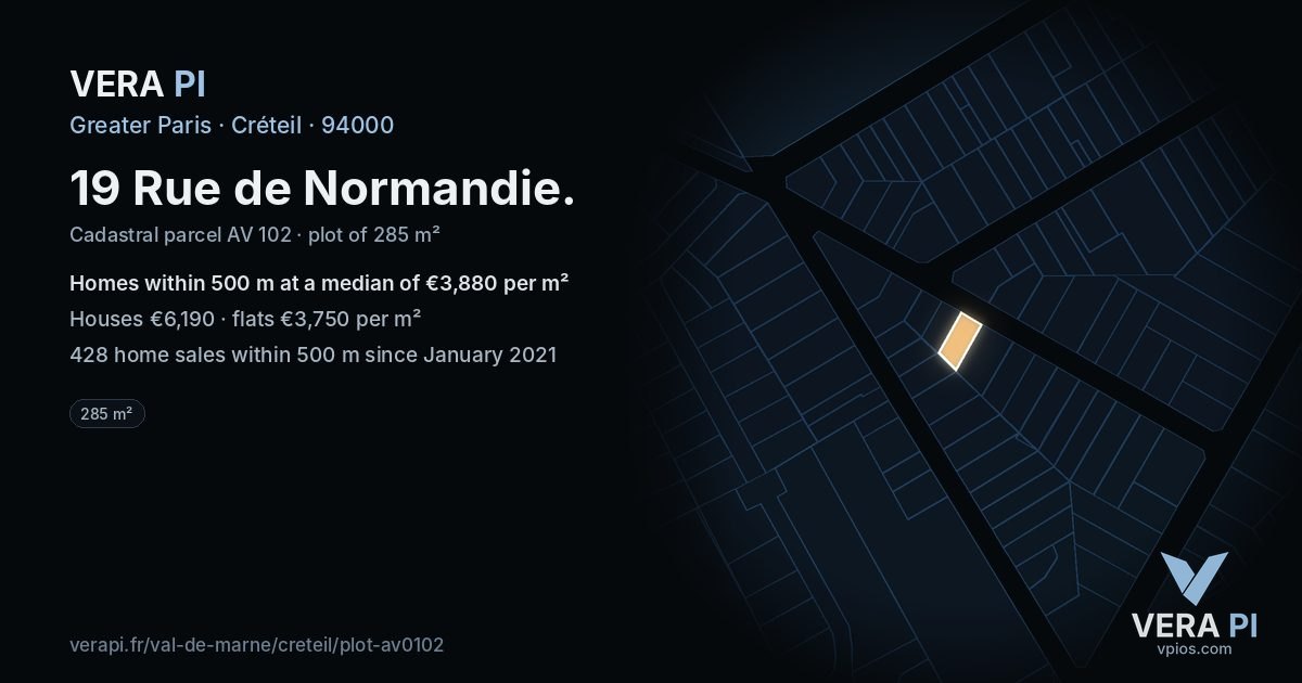 19 Rue de Normandie, Créteil at night – the plot lit, the parcels around coloured by the prices near them