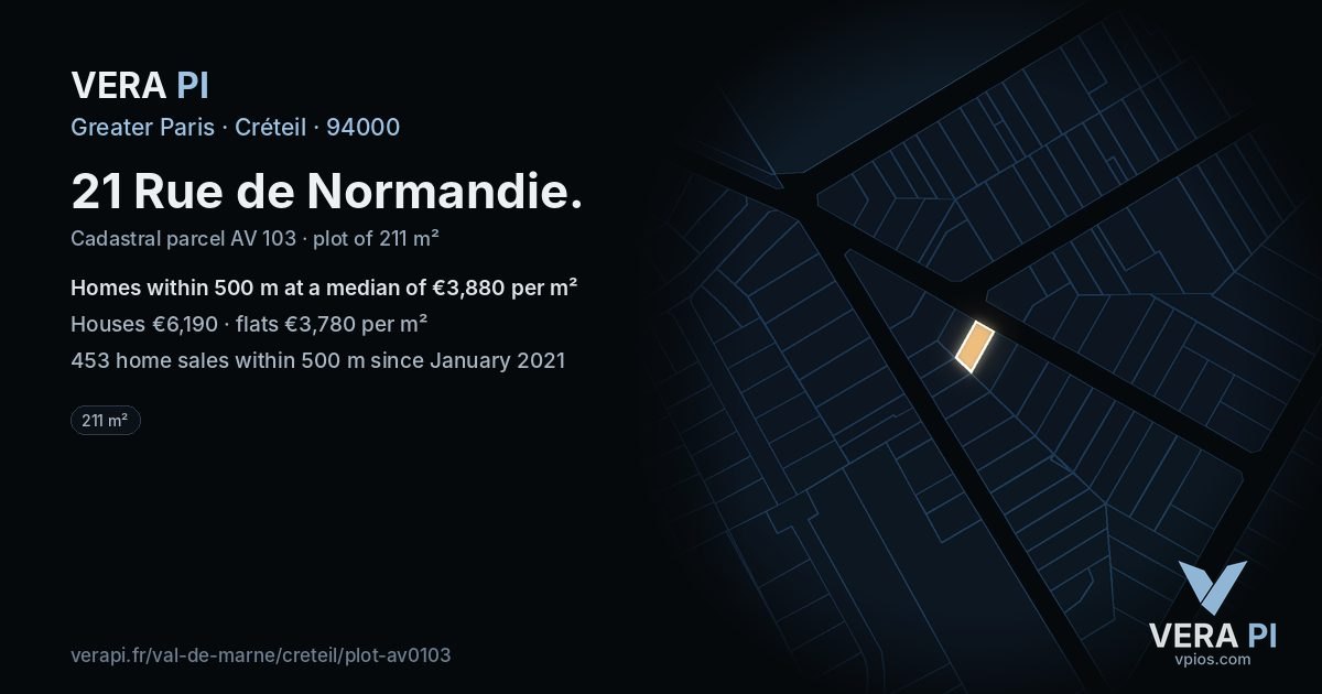 21 Rue de Normandie, Créteil at night – the plot lit, the parcels around coloured by the prices near them