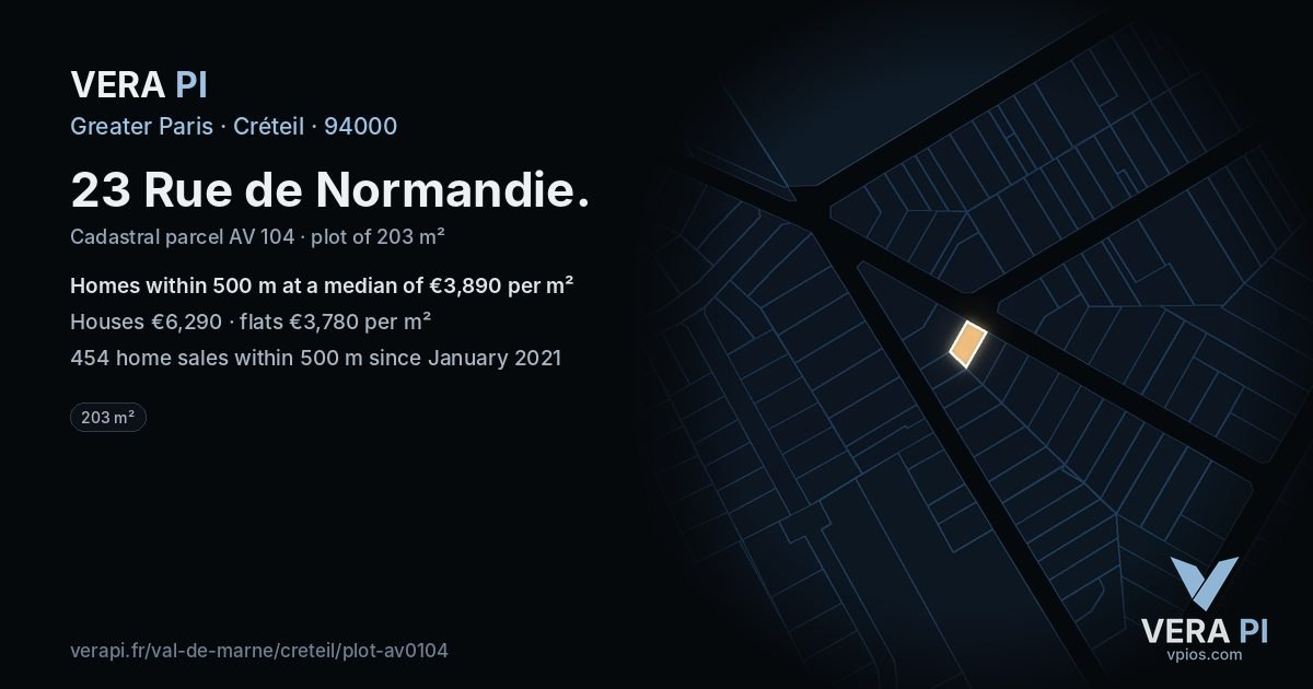 23 Rue de Normandie, Créteil at night – the plot lit, the parcels around coloured by the prices near them