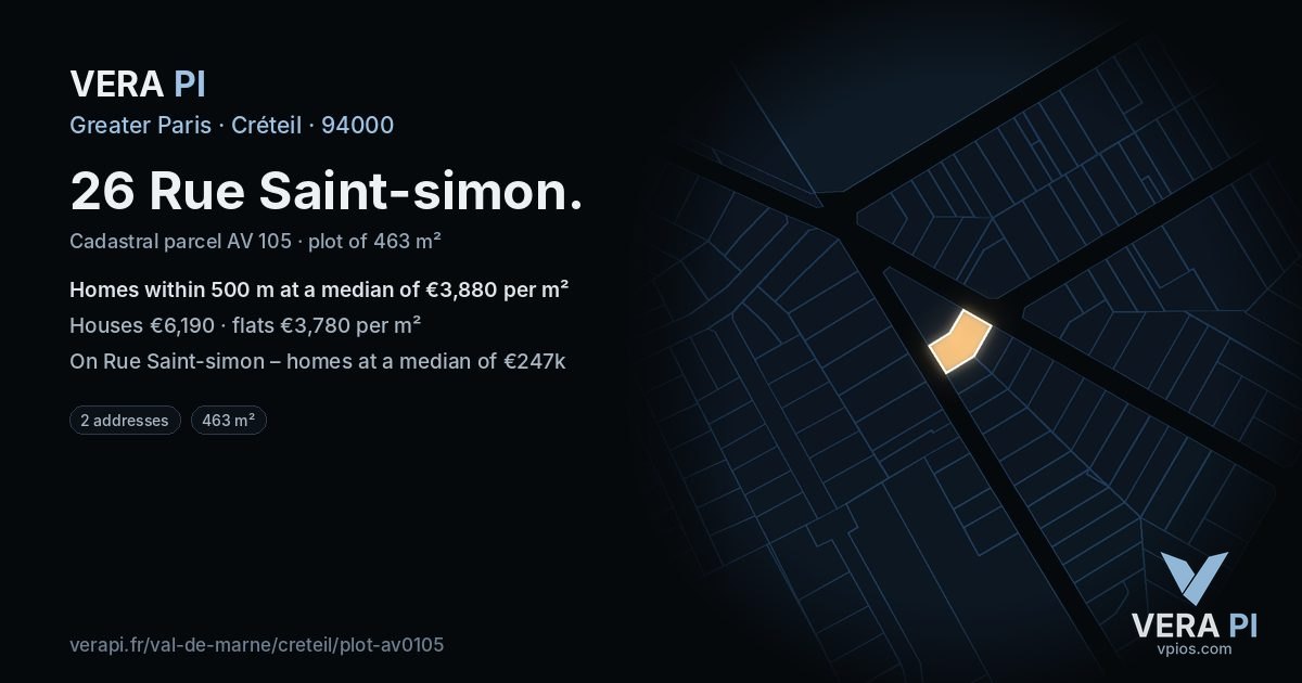 26 Rue Saint-simon, Créteil at night – the plot lit, the parcels around coloured by the prices near them