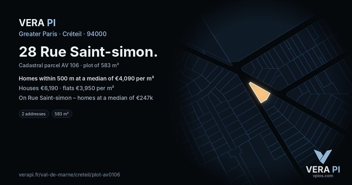 28 Rue Saint-simon, Créteil at night – the plot lit, the parcels around coloured by the prices near them