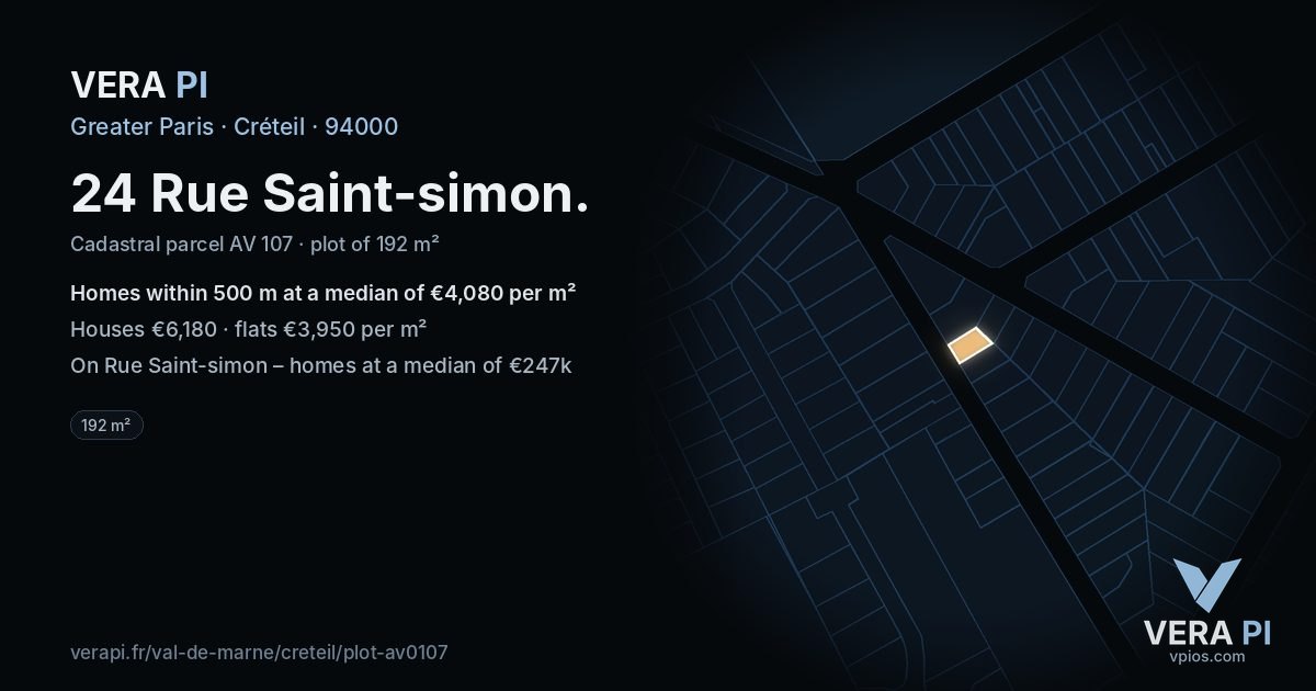 24 Rue Saint-simon, Créteil at night – the plot lit, the parcels around coloured by the prices near them