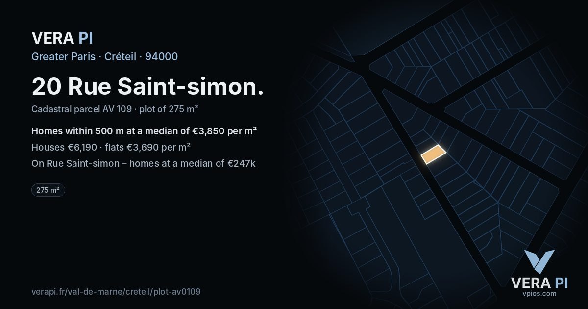 20 Rue Saint-simon, Créteil at night – the plot lit, the parcels around coloured by the prices near them