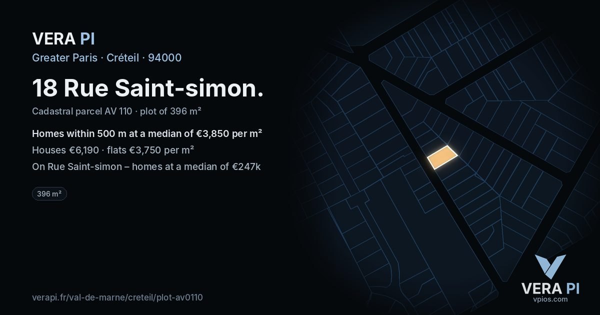 18 Rue Saint-simon, Créteil at night – the plot lit, the parcels around coloured by the prices near them