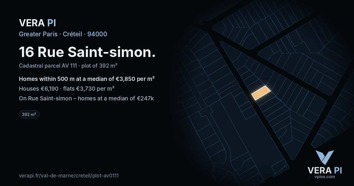 16 Rue Saint-simon, Créteil at night – the plot lit, the parcels around coloured by the prices near them