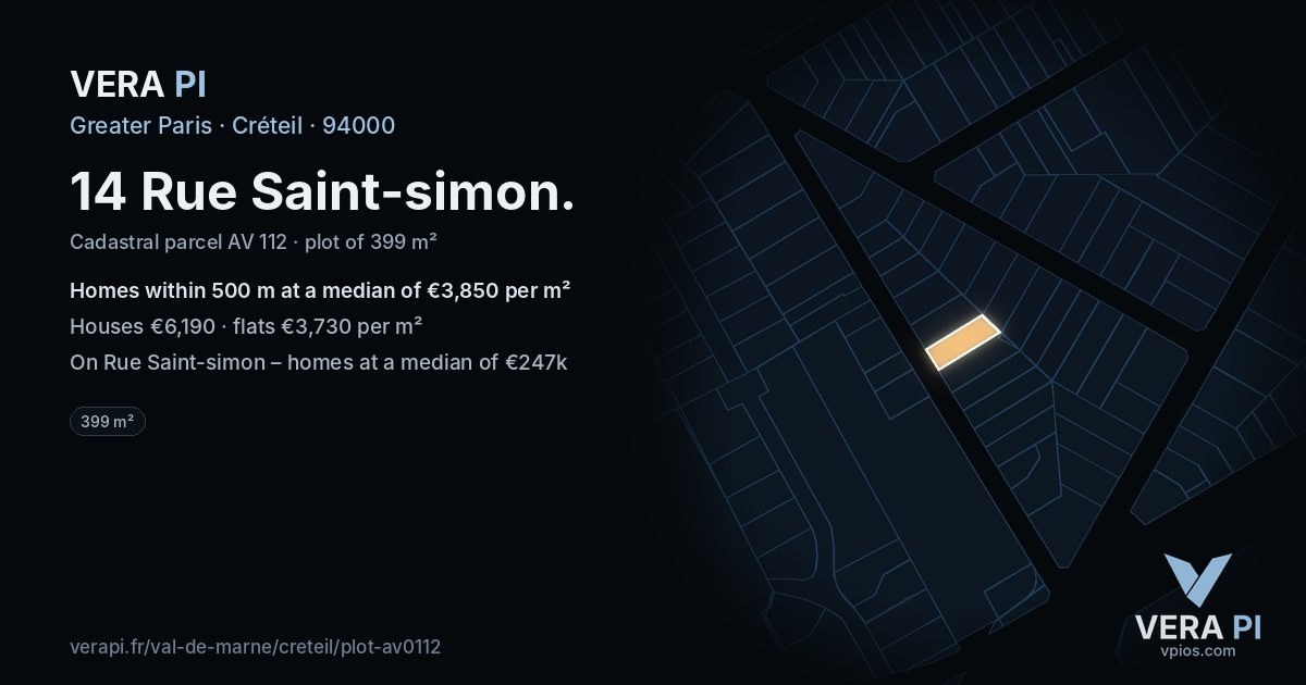 14 Rue Saint-simon, Créteil at night – the plot lit, the parcels around coloured by the prices near them