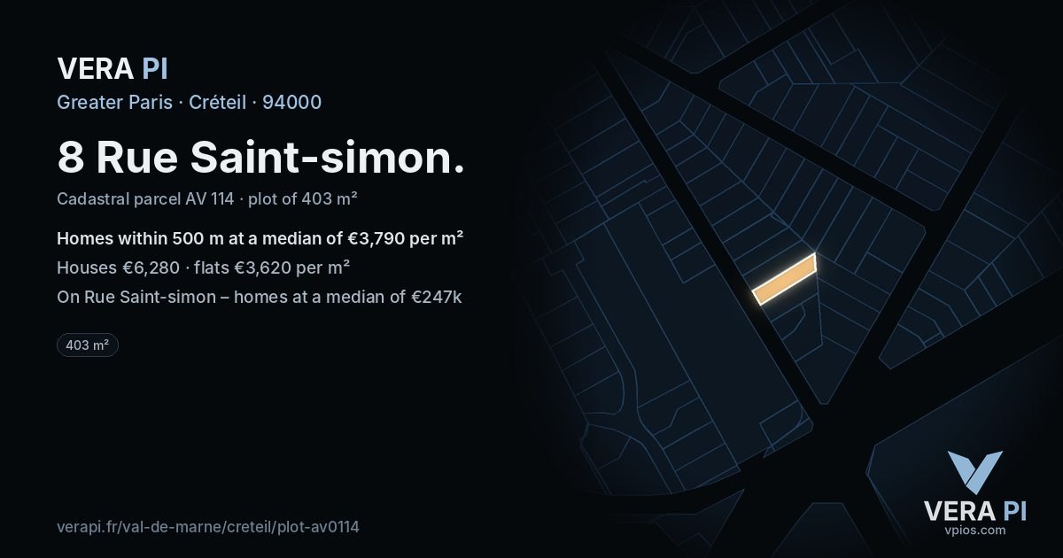 8 Rue Saint-simon, Créteil at night – the plot lit, the parcels around coloured by the prices near them