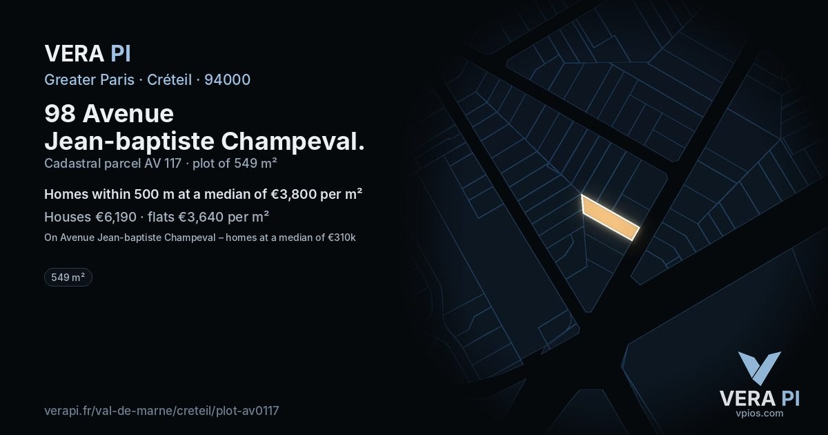 98 Avenue Jean-baptiste Champeval, Créteil at night – the plot lit, the parcels around coloured by the prices near them