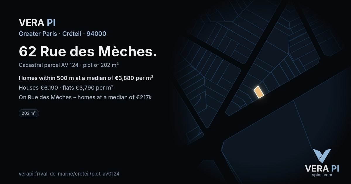 62 Rue des Mèches, Créteil at night – the plot lit, the parcels around coloured by the prices near them