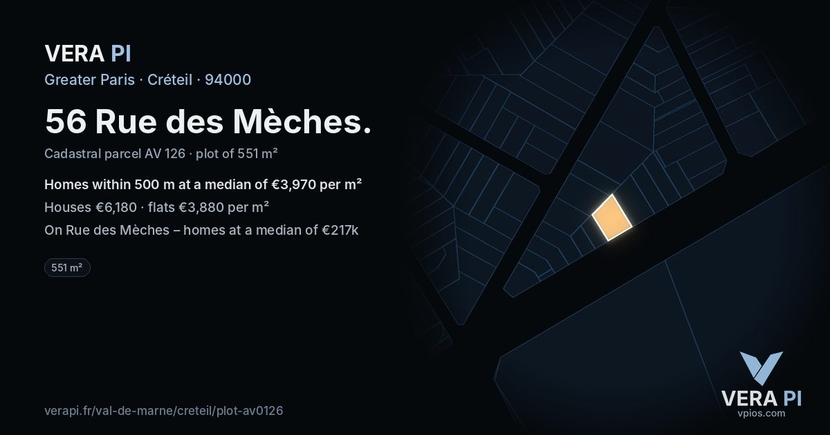 56 Rue des Mèches, Créteil at night – the plot lit, the parcels around coloured by the prices near them