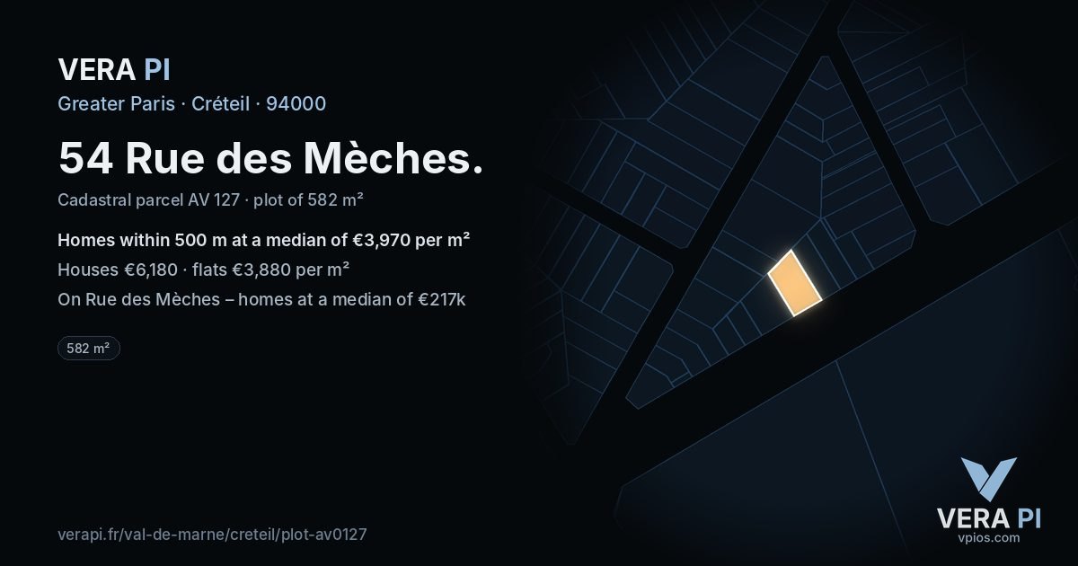 54 Rue des Mèches, Créteil at night – the plot lit, the parcels around coloured by the prices near them