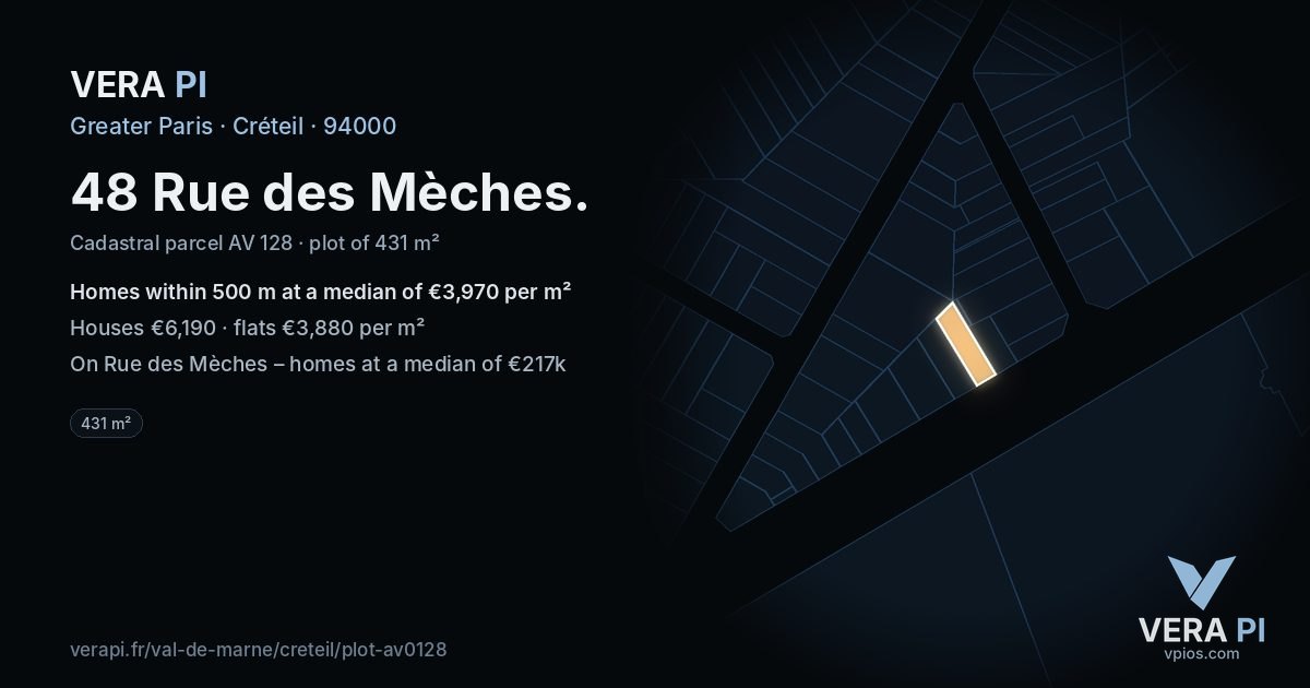 48 Rue des Mèches, Créteil at night – the plot lit, the parcels around coloured by the prices near them